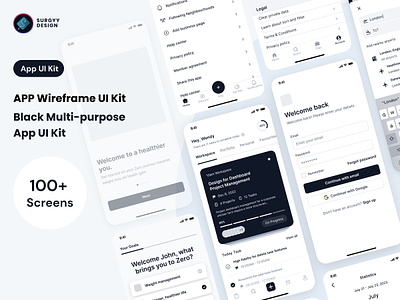 Black Mobile App UI Kit 100 screens analytics app app home charts data filter map app minimal onboarding profile project management saas search settings signup to do ui ui kit ux