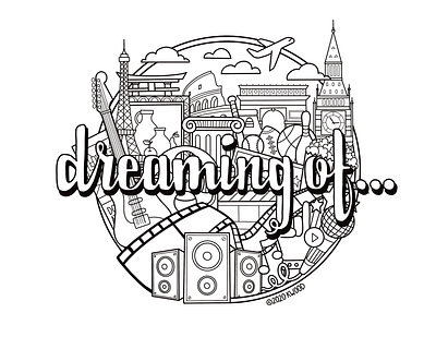 “Dreaming Of” Illustration with Text black and white design hand drawn illustration lettering line art live events music