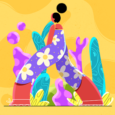 Walking 🚶‍♂️ 2d afro bright cartoon character design colour paalette commercial cute design drawing fashion flat flowers illo illustration illustrator peace procreate square