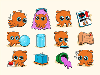 Set for game Inky and the Alien Aquarium alien animal bundle cartoon character collection cute emoji illustration inky kawaii logo map ocean octopus poster sea set sphere stickers