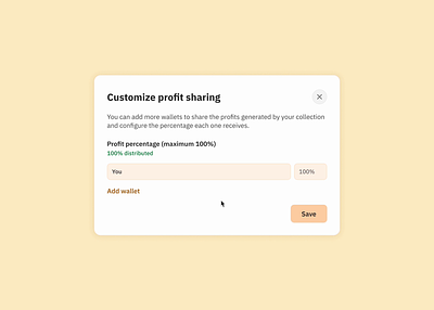 Easy Profit Sharing by Percentage adjustment blockchain calculation control design distribution equitable exceed fairness inputs modal percentage profit sharing remaining simple ui ux wallets