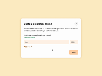 Easy Profit Sharing by Percentage adjustment blockchain calculation control design distribution equitable exceed fairness inputs modal percentage profit sharing remaining simple ui ux wallets