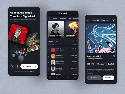 Artvest - Collect And Trade Your Rare Digital Art (NFT's) 3d animation app branding crypto design graphic design illustration illustrator interface logo minimal mobile nft typography ui ux vector web website