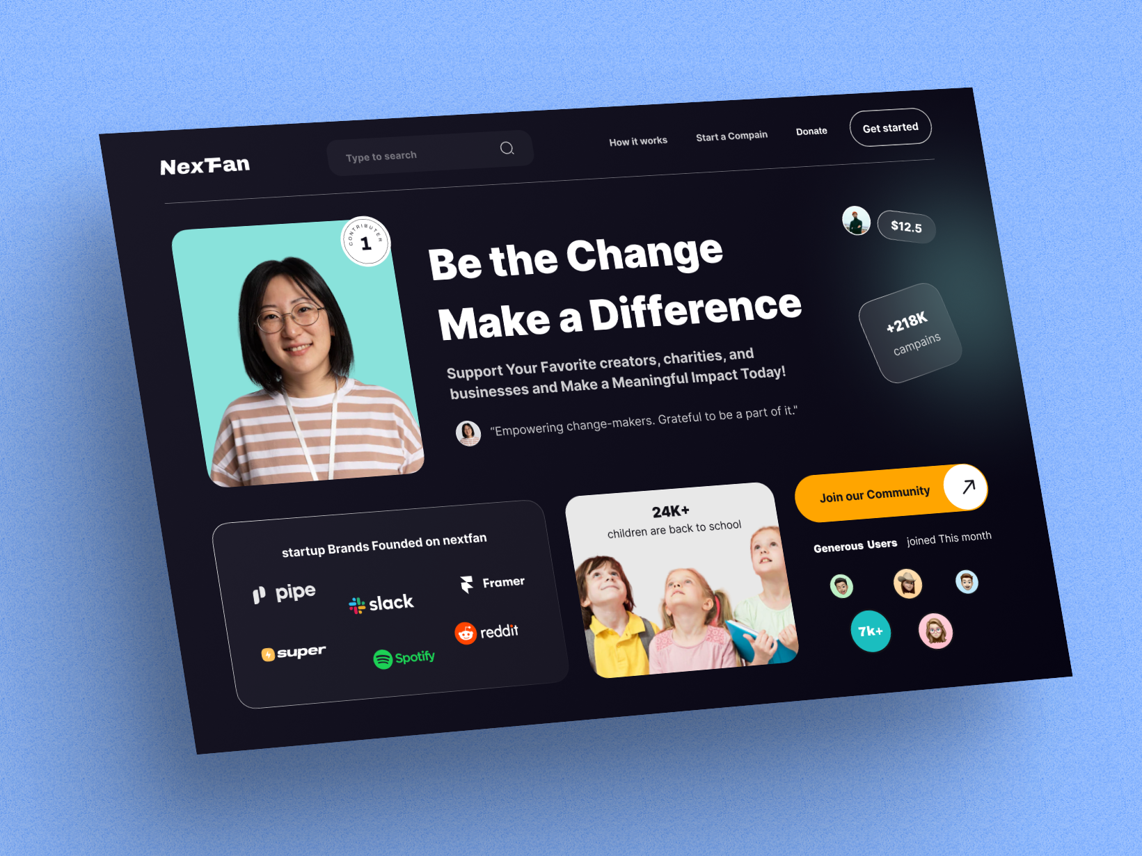 Crowdfunding and donation website hero section charity crowdfunding cta donation finance help hero ui uiux