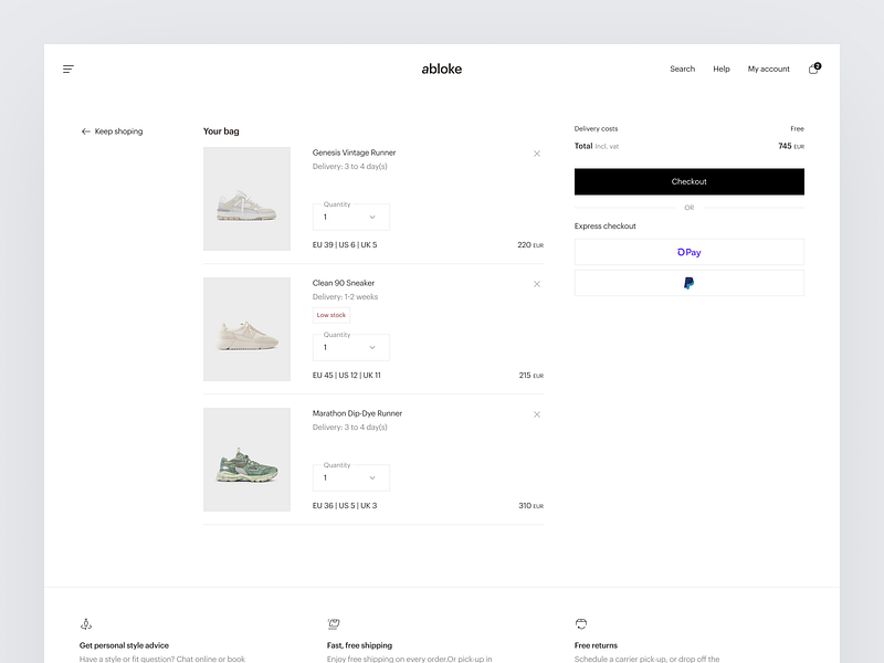 Cart - abloke Clothing Store bag blackandwhite cart checkout design ecommerce footer gray minimal minimalist product productblock products quickcheckout shop shopping store ui ui design ux