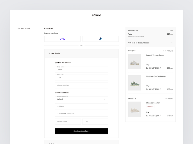 Checkout - abloke Clothing Store checkout delivery design desktop details dropdowns ecommerce fields payment product products quickcheckout shop store ui ui design ux uxdesign website