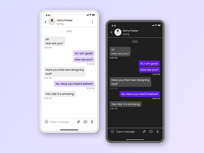 Mobile App Design: Chat screens in light and dark mode app app design chat screens clean design dm screens inbox ios ios app ios app design mobile app mobile app design ui ux