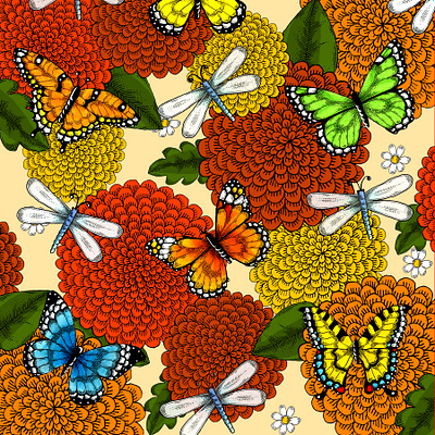 Flowers and Butterflies Pattern Design botanical butterflies colorful design dragonflies drawing floral illustration illustrator insects missouri orange pattern pattern design pattern designer red saint louis stl textile design washington