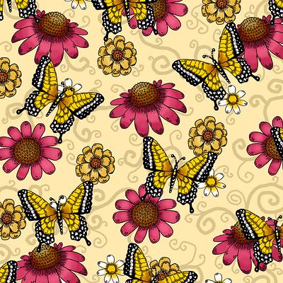 Flowers and Butterflies Pattern Design botanical butterfly daisies floral flowers illustration illustrator line art line drawing missouri pattern pattern designer patterning saint louis stl swallowtail textile designer whimsical whimsy yellow and pink