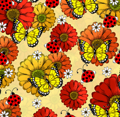 Flowers and Butterflies Pattern Design botanical bugs butterfly floral flowers illustration illustrator insects ladybugs line art missouri pattern designer patterning pen and ink saint louis stl textile designer vibrant whimsical yellow and red