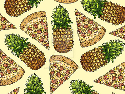 Ham and Pineapple Pizza Pattern Design artwork design food art fruit hawaiian pizza illustration line art missouri pattern design patterning pen and ink pineapple pizza pizza pop art saint louis stl textile design textile designer whimsical whimsy