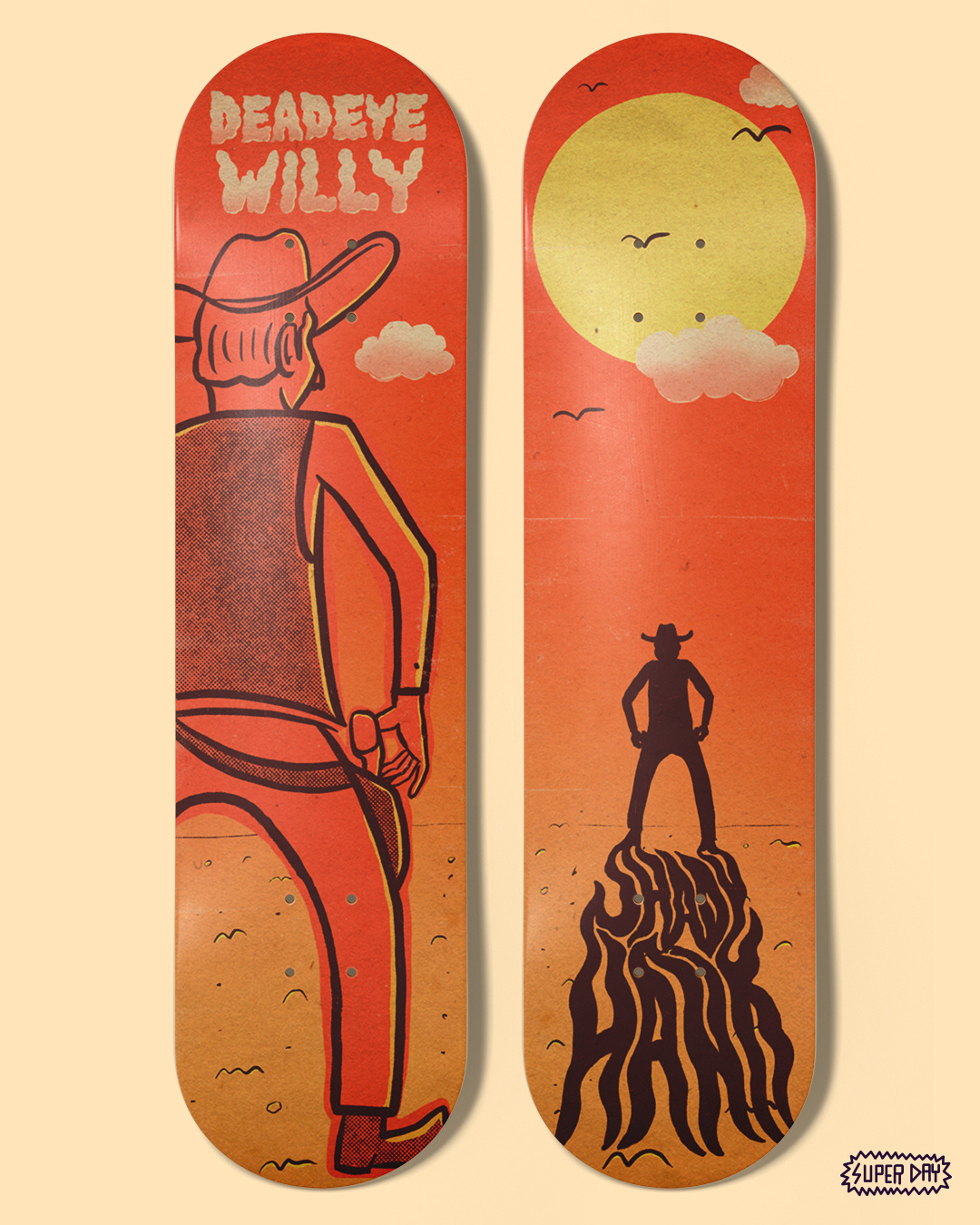 Showdown Skate Decks art artwork colors cowboys design digital art digital illustration drawing gradient illustration ipad lettering mockup palette photoshop procreate skate decks skateboarding skateboards texture