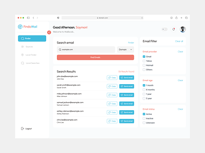 FindoMail - Your Ultimate Email Finder 🔍 dashboard dashboard ui dashboard ux domain search email alerts email filter email finder email monitoring email productivity email search email tool email tracking findomail location search mail dashboard minimal dashboard productivity search tool ui ux