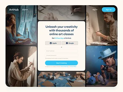 Online art classes log in screen art classes concept e learning education online online school ui web