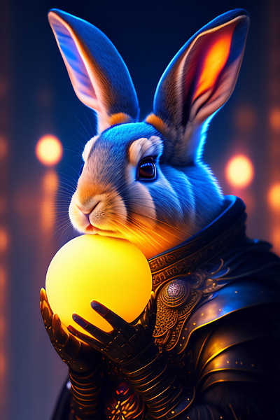 a digital painting of a rabbit holding a glowing ball, cyberpunk fantasy illustration ui