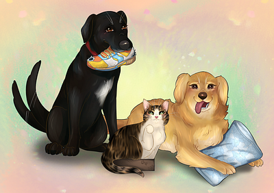 Commission - Matthew and Marissa's Floofes animals cat commission cute dog floofes fur baby illustration pet portrait pets portrait stylized