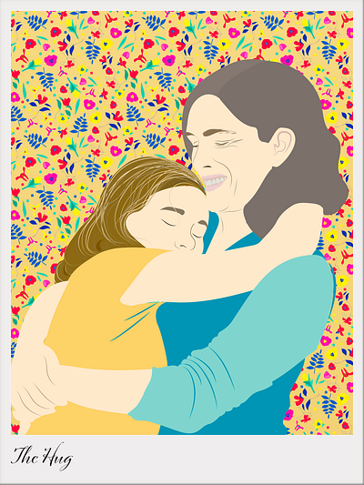 The Hug allover arms blonde blue brown daughter design flowers hands hug illustration mother polaroid postcard red smile teal ui vector yellow