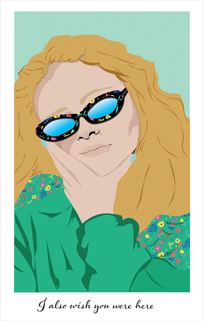 I also wish you were here aquamarine blonde blue chin flowers girl green hands hide illustration long haired long sleeve nails shoulders sunglasses teenager texture thinking ui vector