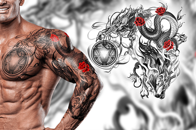 Full-sleeve tattoo design arc arcreactor arm artwork black blackandgreystyle chest customtattoo design dragon flowers graphic design ironman red rose shoulder tattoo wolf