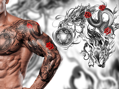 Full-sleeve tattoo design arc arcreactor arm artwork black blackandgreystyle chest customtattoo design dragon flowers graphic design ironman red rose shoulder tattoo wolf