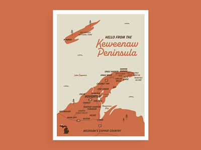Keweenaw Peninsula Map illustration keweenaw map map design michigan postcard vintage