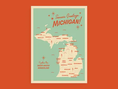 Season's Greetings Michigan Postcard christmas holiday illustration lettering map michigan postcard vintage vintage holiday winter