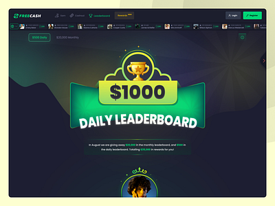 Freecash - Daily Leaderboard Design app articles casino chart competition countdown dashboard design web football free gambling graphic design leaderboard live feed modern news side panel statistics table tasks