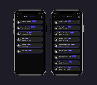 Routine maker mobile app (Routine & reminder screen) app best application best reminder app branding design food voucher app human centered design illustration mobile app product design reminder app routine maker app routine maker product ui design ux design