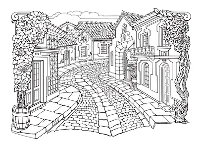 Little Cozy Town. Printable coloring page for adults. Vector. little cozy town