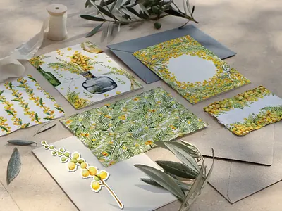 Watercolor mimosa clipart and seamless patterns bouquet clipart design digital paper flower greenery hand drawn mimosa seamless psttern spring summer watercolor weding yellow