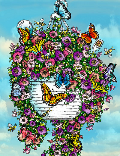 Hanging Petunia Basket artist botanical butterflies butterfly drawing floral flowers illustration line art line drawing missouri pastels pen and ink petunias pink purple saint louis swallowtail butterfly whimsical whimsy