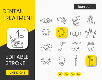 Dental treatment icons set certificates