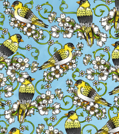 Yellow Finches in Dogwood Pattern Design animal art artist birds blue and yellow design drawing illustration illustrator line art missouri pattern pattern designer patterning saint louis textile design textile designer whimsical art whimsy wrapping paper yellow finches