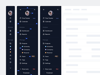 Three-tier sidebar navigation dark dark mode dashboard lazy lazy loading light mode minimal navigation side sidebar sidebar navigation time tracker tracker ui ui design