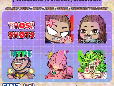 Twitch Emotes Commisions by Einz Studio anime animeemotes chibi clipstudiopaint commisions discord dragonball dribbble einzemotes einzgraphic einzstudio emotescommisions gfx graphic for streamers illustration memes stickers text twitch twitchemotes