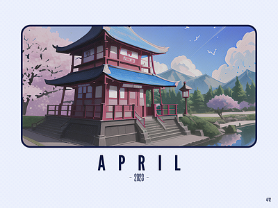 April 2023 2023 2d ai april artwork blue sky building challenge cherry blossom design fluffy clouds illustration japan japanese architecture mountains river sd sky stable diffusion