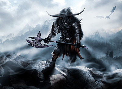Minotaur illustration armor axe bull cow creature dnd dragons fantasy horns illustration minotaur mountains vikings warrior weapon