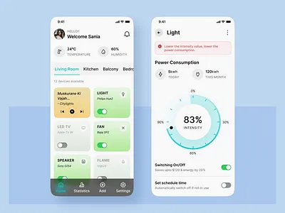 iSmart App add device app design bluetooth devices fan figma humidity light mobile mobile app design music phone power schedule time smart home speaker statistics tv ui desgn weather