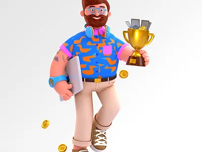 Emotional young man with laptop celebrating victory 3d blender business computer graphic design illustration laptop man money technology ui