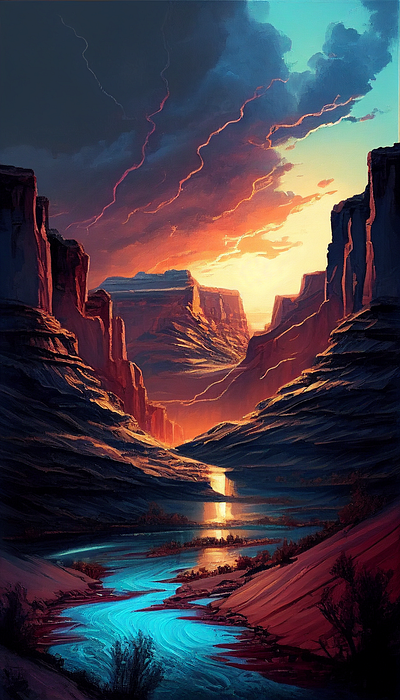 Crimson Canyons: A Luminous Desert Sunset digitalart illustration painting