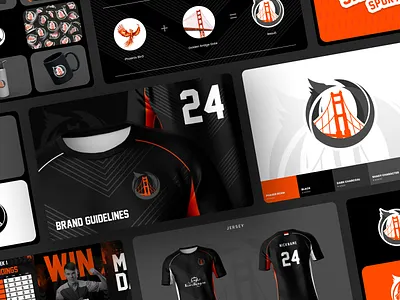 San Francisco Sports Club - Branding black brand branding bridge dark graphic design implementation instagram instastories jersey logo mockup orange phoenix san francisco social media sports