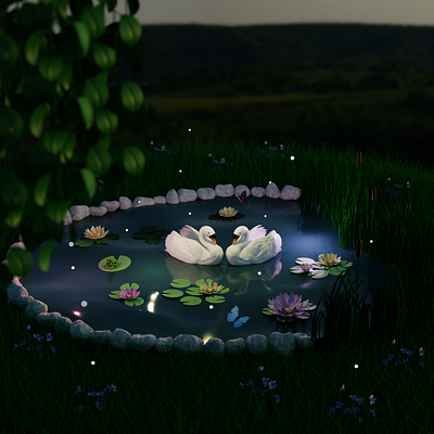 Fascinating pond with swans 3d 3dblender blender blender3d blenderrender butterflies frog grass illustration pond swans water waterlilly