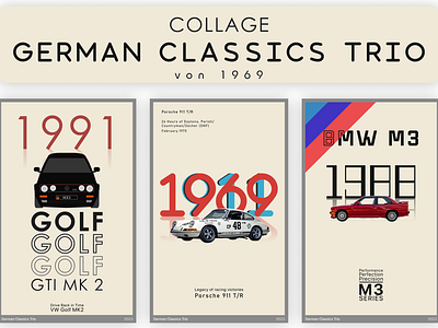 Retro Collage Posters for Interior: German Classics Trio automotive design car artwork car collectors car enthusiasts car history classic cars german classics graphic graphic design illustration letter mark minimal typography vector