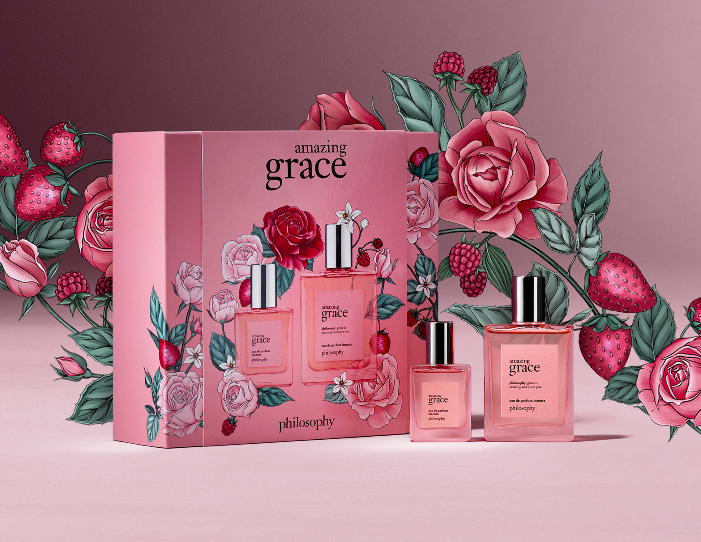 Philosophy Packaging Illustration 2023 berries botanical design floral illustration label packaging pattern roses surface design