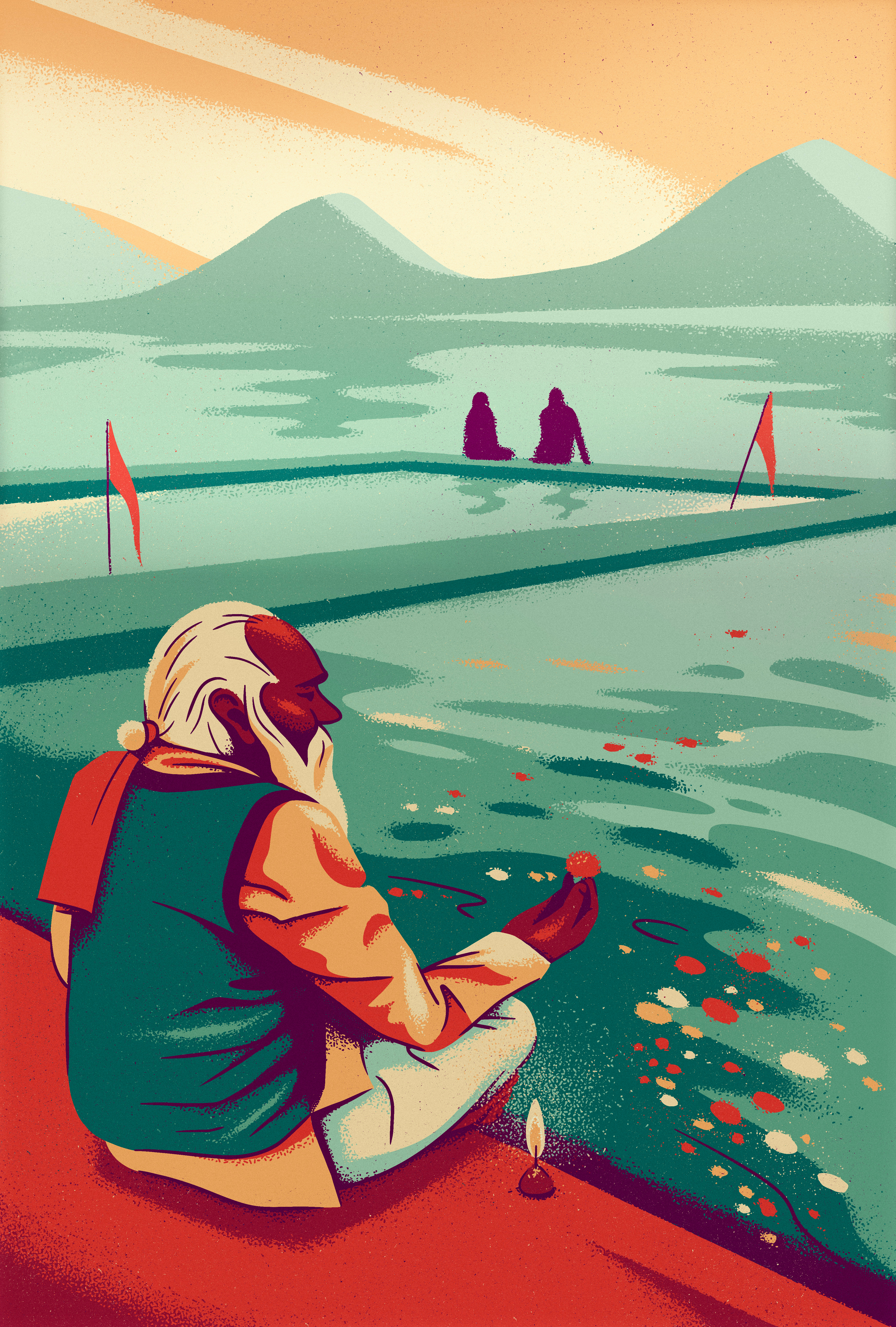 Sunset prayer artist brahmin candle character flower hindu hinduism hippie holy illustration india lake mountain mystic prayer puja ritual sacred spiritual water