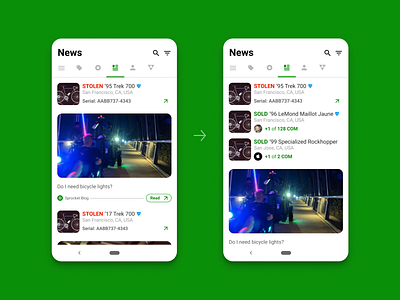 Sprocket Android News Tab Sold Listing Updates activity android bicycle bike community money news points proof scrollview sell selling social social network sold sprocket status update ux works