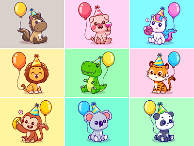 Animals Birthday🐷🦄🦁🎈🎉 activity animals balloon birthday cake celebration crocodile cute decoration happy hat icon illustration kids lion logo party pet unicorn zoo