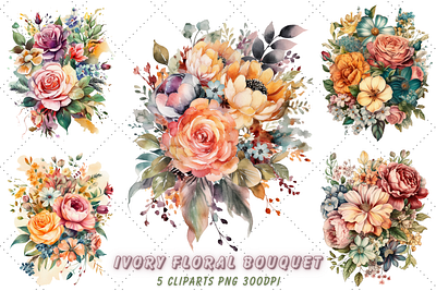 Watercolor Ivory Floral Bouquet Clipart ivory clipart sublimation bundle