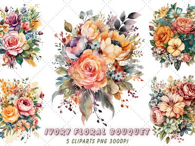 Watercolor Ivory Floral Bouquet Clipart ivory clipart sublimation bundle