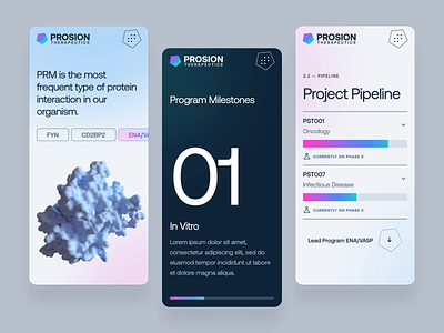 PROSION Therapeutics - Web & UI/UX Interaction 2023 - Mobile 2 3d ai animation biology biotech dark dna drug gradient interaction landing page mobile molecule pharma pill protein science tumor ui ux